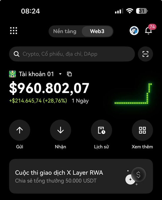 A mobile crypto wallet app screenshot in Vietnamese shows "Tài khoản 01" displaying a balance of $960,802.07 with a 1-day gain of +$214,645.74 (+28.76%), illustrating the meme trader's account nearing the $1 million milestone referenced in the caption.
