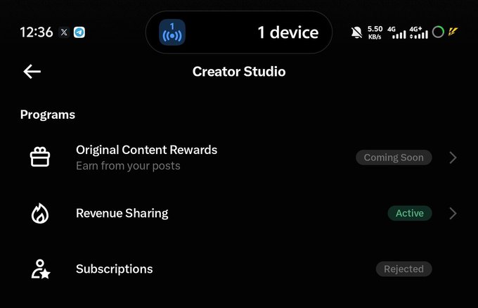 The image shows a "Creator Studio" screen with a "Revenue Sharing" program marked as "Active" in green, confirming the post's excitement about their revenue sharing finally being activated after a long wait. Other programs visible include "Original Content Rewards" (Coming Soon) and "Subscriptions" (Rejected).