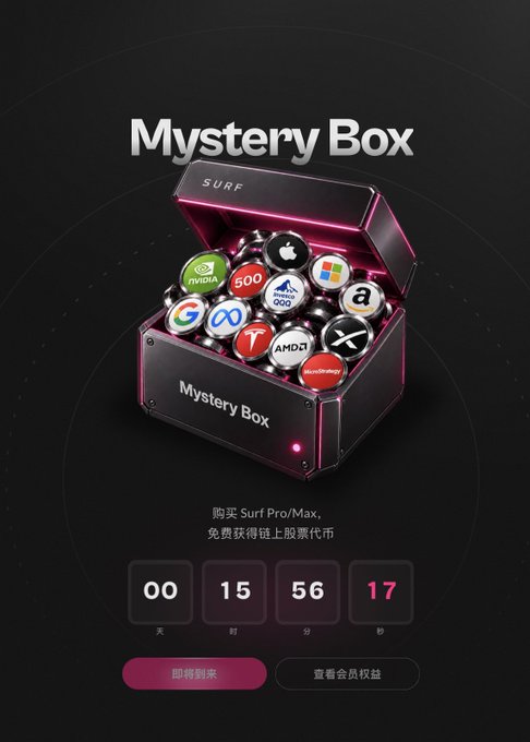 The image promotes a "Mystery Box" event for Surf, featuring an open treasure chest filled with branded tokens (Apple, Nvidia, Microsoft, Amazon, Google, Meta, Adidas, AMD, Tinder, and a "500" coin), with a countdown timer showing 00 days, 15 hours, 56 minutes, and 17 seconds. Chinese text reads "购买 Surf Pro/Max, 免费获得地上股票代币" (Buy Surf Pro/Max, get free stock tokens), matching the post's promotion of a blind box giveaway for buyers of the one-year Pro/Max subscription.