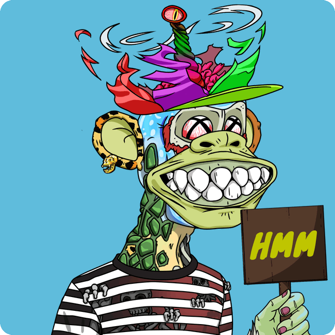 A vibrant cartoon illustration of a green turtle character wearing a striped prison outfit and a colorful, elaborate jester-like hat with a snake, holding a sign that reads 'HMM'.