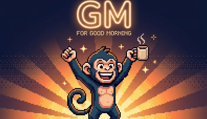 The image features a cartoon monkey holding up a coffee cup, with its arms raised high above its head. The background of the image is orange and yellow, creating an energetic atmosphere. The caption below the image reads "Good Morning from vega Drop Sol addys and MAX ENGAGE".