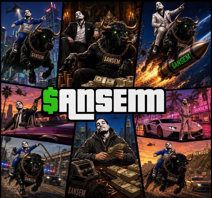 A collage of stylized images features the word "SANSEM" prominently displayed in the center, surrounded by scenes of a man in various luxury settings—riding a bull with glowing green eyes, sitting on a throne of money, riding a rocket, driving sports cars, and counting cash—all incorporating the "SANSEM" branding. The bold, wealth-focused imagery visually reinforces the post's message of unwavering conviction and long-term commitment to holding $ANSEM and supporting @BullpenFi through the grind.