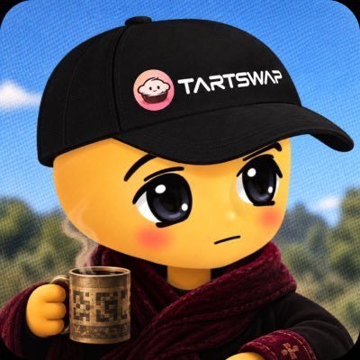 A 3D-rendered cartoon character with a yellow face wearing a black 'TARTSWAP' cap and a maroon scarf, holding a steaming pixelated mug.