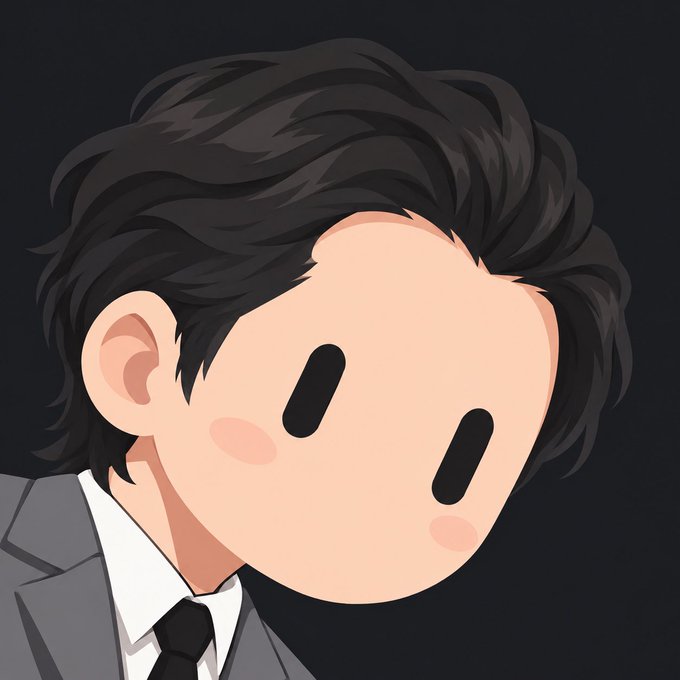 A cartoon-style avatar illustration shows a man with black hair, blush marks, and blank oval eyes, wearing a gray suit and black tie against a dark background.