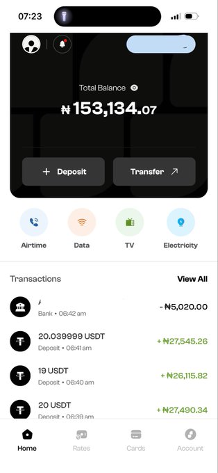 A mobile wallet app displays a total balance of ₦153,134.07 with recent transactions showing USDT deposits crediting over ₦27,000 each, supporting the post's claim of earning profits from staking.