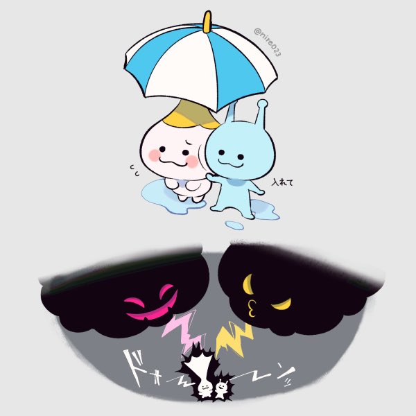 Two cute cartoon characters—a yellow-haired baby and a blue alien-like figure—share a blue and white umbrella while floating above two menacing dark clouds with glowing eyes and fangs, with the watermark "©hiredz3" and Japanese text "入れて" visible. The image illustrates the post's theme of "Getting Dragged-In Kaspa Whales," using the contrast between the innocent small characters and the threatening dark clouds to humorously depict small retail investors being overwhelmed and "swept up" by large whale traders.