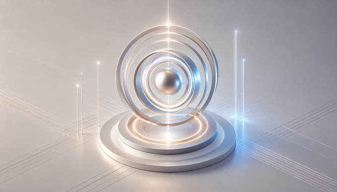 A sleek, futuristic 3D rendering shows a glowing sphere at the center of concentric rings on a circular pedestal, surrounded by vertical light beams—visually echoing the slow, layer-by-layer construction suggested by the post's message of quiet, deliberate building behind the #QLayer hashtag.