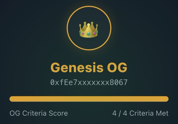 A dark-themed digital badge displaying a gold crown icon with the title 'Genesis OG', an Ethereum address beginning with '0xfEe7', and an 'OG Criteria Score' of 4/4 Criteria Met.