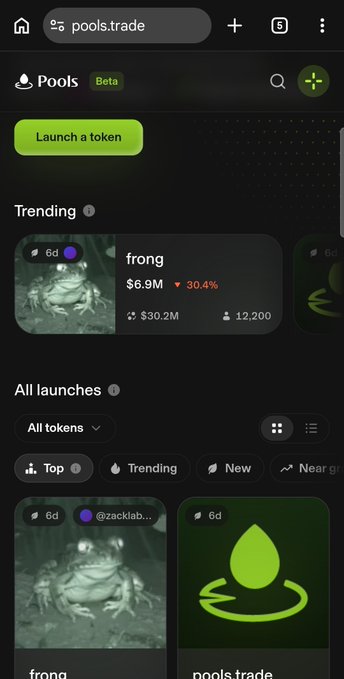 A mobile screenshot of the pools.trade website displaying a 'Launch a token' button and trending tokens including 'frong' ($6.9M, down 30.4%) with a $30.2M market cap and 12,200 holders.