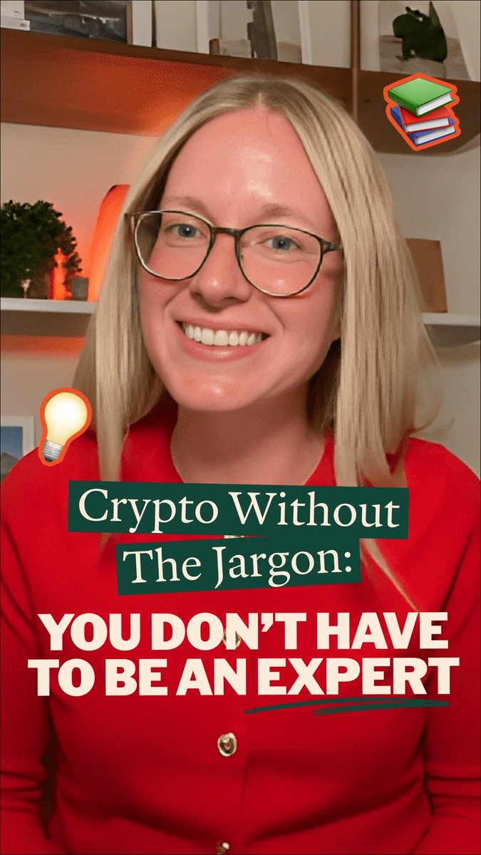 A smiling blonde woman wearing glasses and a red top appears in front of a bookshelf with decorative items, overlaid with text reading "Crypto Without The Jargon: YOU DON'T HAVE TO BE AN EXPERT" alongside book and lightbulb icons. The image visually supports the post's message by presenting a friendly, approachable figure alongside text that emphasizes crypto accessibility, reinforcing the idea that understanding cryptocurrency doesn't require technical expertise.