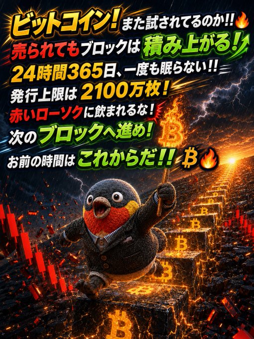 A determined-looking penguin in a suit charges forward holding a Bitcoin-tipped staff, climbing up glowing golden blockchain steps stamped with ₿ symbols, while bold Japanese text declares "Bitcoin! Being tested again!!" and notes the 21 million cap, 24/7/365 operation, and a rallying cry to keep stacking blocks toward the next one. The image visually embodies the post's message of defiantly cheering Bitcoin through market trials and building toward future growth.