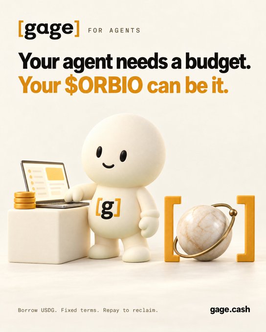 A promotional ad for gage.cash features a cute white mascot character wearing a "[g]" badge, standing beside a laptop with a stack of coins and a decorative orb within "[ ]" brackets. The headline reads "Your agent needs a budget. Your $ORBIO can be it," with footer text "Borrow USDG. Fixed terms. Repay to reclaim." The image visually illustrates the post's message of using staked $ORBIO as collateral to borrow USDG on gage.cash, giving AI agents a working budget with fixed, predictable costs.