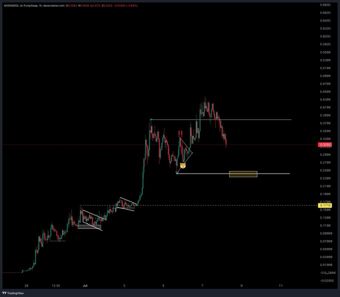 A TradingView candlestick chart for ANSEM/USD on PumpSwap displays a sharp price rally peaking around 0.40 followed by a pullback toward a highlighted support zone near 0.25-0.27, with an orange annotation marking a potential re-entry "bid" opportunity that aligns with the post's call to buy the token at 250M.
