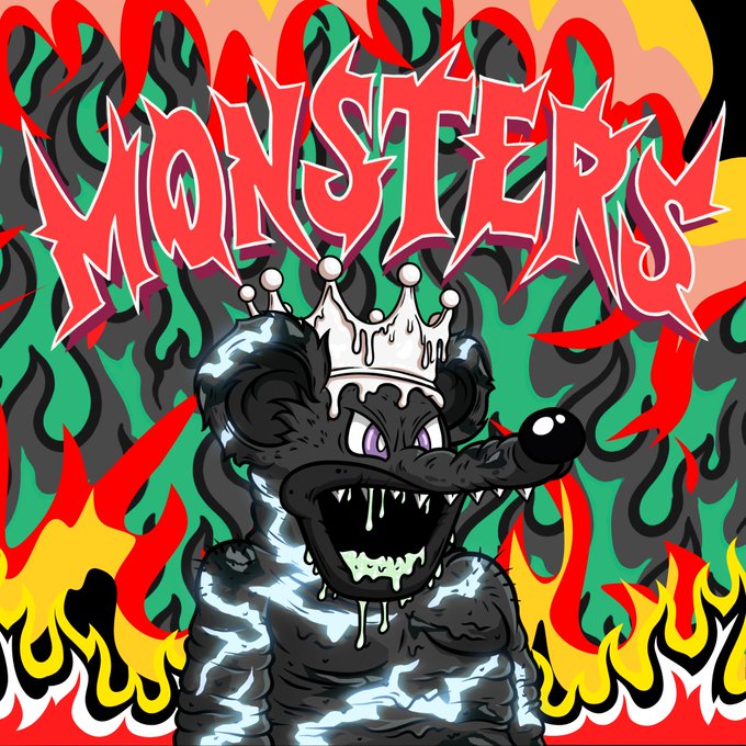 A vibrant graphic illustration of a dark, fiery mouse-like monster wearing a crown with the word 'MONSTERS' in red spiky text against a background of flames.