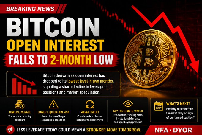 A breaking news graphic announces "BITCOIN OPEN INTEREST FALLS TO 2-MONTH LOW" with a downward red arrow and chart, featuring sections on lower leverage, lower liquidation risk, market reset, and key factors to watch, marked "NFA - DYOR".