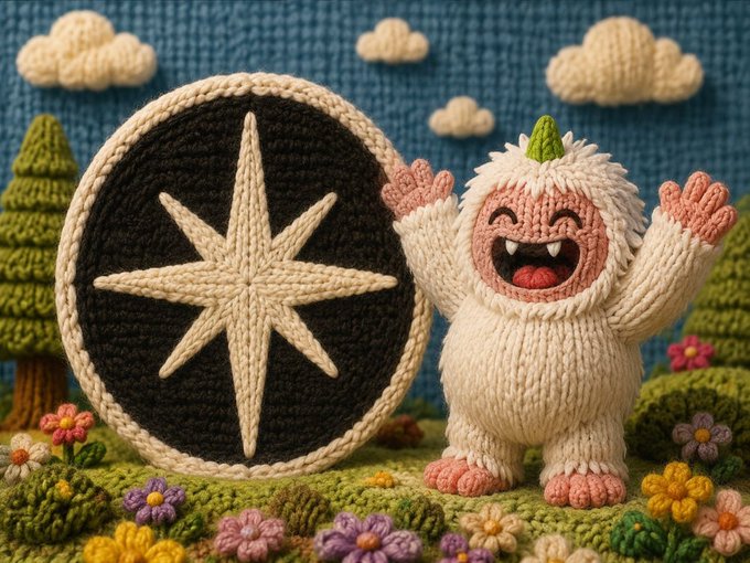 A whimsical knitted/crocheted scene featuring a white yeti character with a green mohawk standing next to a black and white compass star, surrounded by knitted trees, clouds, and colorful flowers on a grassy base.