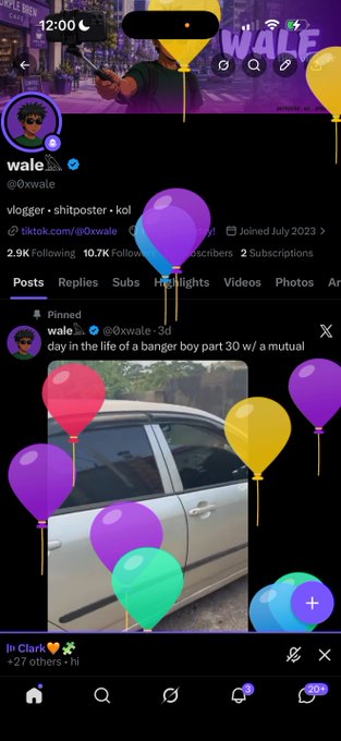 A screenshot of a Tumblr (X) profile page for "wale" (@oxwale) is decorated with colorful purple, pink, yellow, and green balloon emojis, fitting the celebratory tone of the "happy birthday to me" caption. The pinned post reads, "day in the life of a banger boy part 30 w/ a mutual," and shows a side view of a silver car with a "In Clark" reply from +27 others.