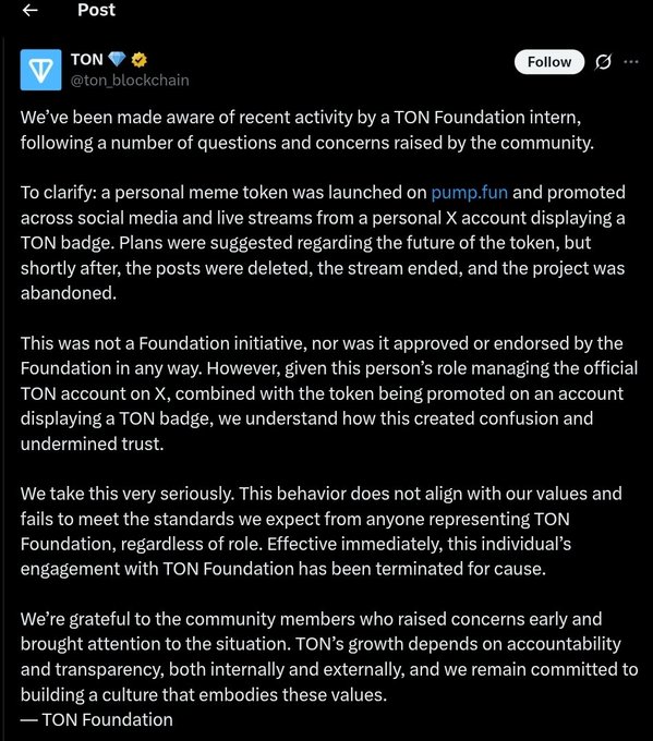 A screenshot of an official statement from TON (@ton_blockchain) on X addressing community concerns about a personal meme token launched on pump.fun by a TON Foundation intern, confirming the intern's engagement was terminated for cause.