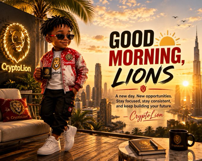 A 'Good Morning, Lions' motivational graphic featuring a young boy in branded CryptoLion apparel holding a mug against a Dubai skyline at sunrise, with text reading 'A new day. New opportunities. Stay focused, stay consistent, and keep building your future. - CryptoLion'.