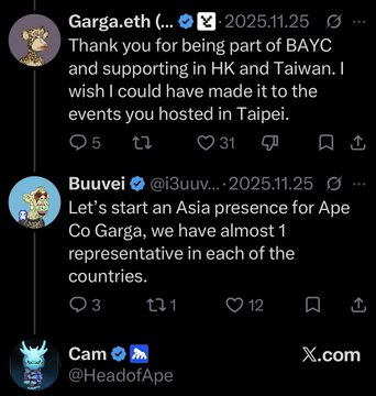 The image shows a Twitter post with three different messages posted by users named @mfigge, BAYC, and Cam. The first message from @m figge reads "I'm so glad the asia ape presence is coming to life through @m figge and BAYC initiatives." The second message from @b uuuei says "Let's start an Asia presence for APEC. We have almost 1 representative in each of the countries." The third message from Cam states, "I'm so glad the asia ape presence is coming to life through @m figge and BAYC initiatives."