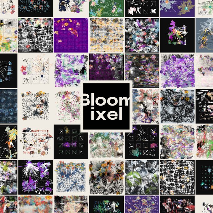 The image showcases a grid of generative artworks featuring colorful, abstract patterns of lines, splatters, and geometric forms, with the central logo reading "Bloomixel" in white text on a black background. It represents the on-chain generative art collection the artist is celebrating, reflecting their year-long creative exploration of code and pixels.
