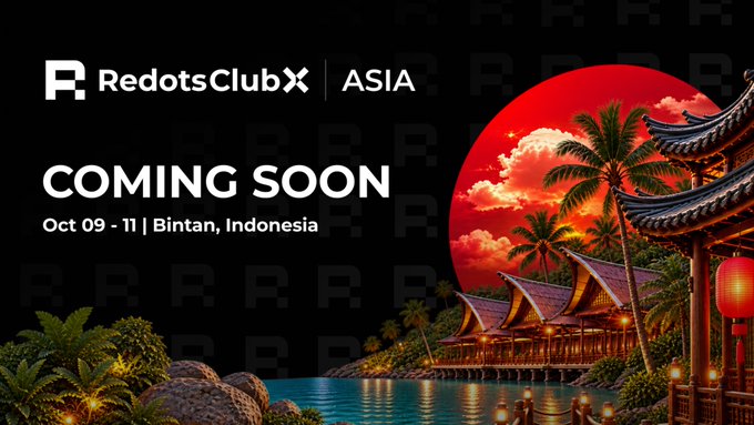 A promotional graphic for "RedotsClubX | ASIA" event "COMING SOON Oct 09 - 11 | Bintan, Indonesia" featuring a tropical scene of palm trees, an Asian-style pavilion, and a red moonlit backdrop, teasing the upcoming gathering with a "👀" hinting at an anticipated reveal.