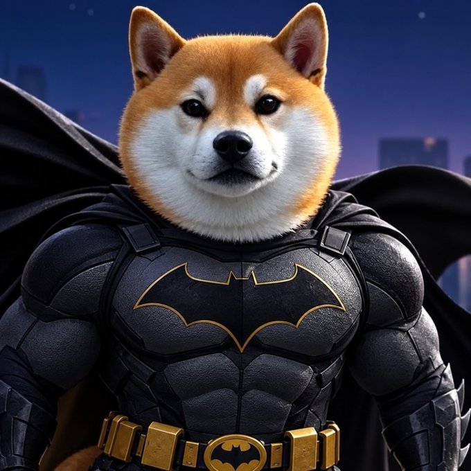 A Shiba Inu dog is depicted wearing a muscular black Batman suit with a yellow bat symbol and utility belt, standing against a dark city skyline background.