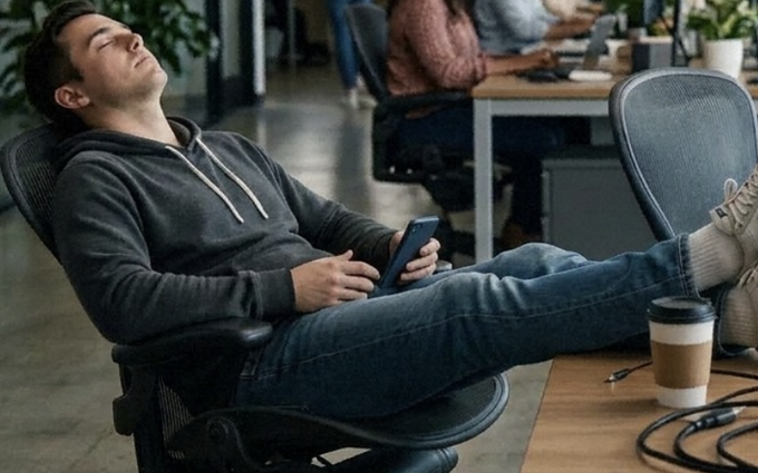 A man takes a nap in his office chair with his feet propped up on the desk, holding his phone while a coffee cup sits nearby—capturing the humor of the "working hard" caption by showing complete relaxation instead.