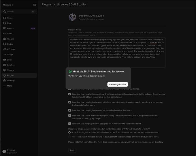 A screenshot of the three.ws platform showing the 'three.ws 3D AI Studio' plugin submission page, with a notification stating 'three.ws 3D AI Studio submitted for review' and various compliance checkboxes.