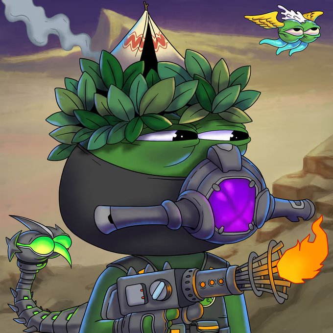 A cartoon illustration of a green frog-like character wearing a leafy wreath and a gas mask, holding a flamethrower, with a smaller flying character in the background.