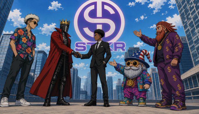 An illustrated scene shows diverse stylized characters in front of a large '$' logo and 'STAR' text against a city skyline, including a knight in red, a businessman shaking hands, a gnome with an American hat, and a man in a dollar-sign patterned outfit.