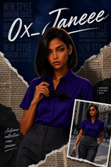 A fashion advertisement poster for 'Ox_Taneee' Autumn Collection featuring a woman in a blue shirt with the tagline 'New Style Modern Looks' and 'Confidence is the best outfit.'