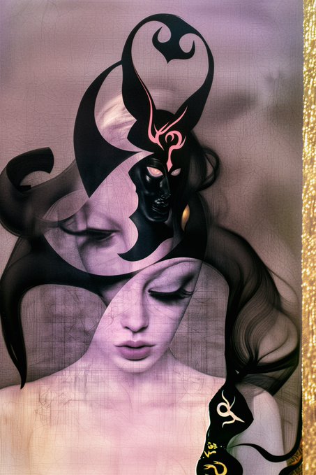 A surreal digital painting of a pale figure with closed eyes and an ethereal pink mark on their forehead, shrouded in flowing black, tentacle-like hair and dark forms.