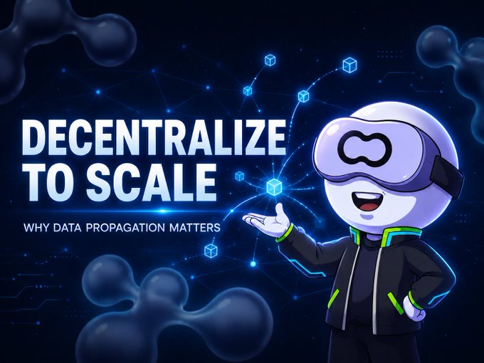 A promotional graphic reading 'DECENTRALIZE TO SCALE - WHY DATA PROPAGATION MATTERS' featuring a cartoon mascot wearing a VR headset alongside digital cube icons.