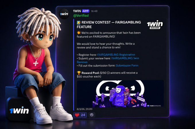 A 3D animated character with white dreadlocks and a red tank top sits next to a digital message from 1WIN announcing a review contest for FairGambling with a $150 reward pool and a registration deadline of 8/3/26.