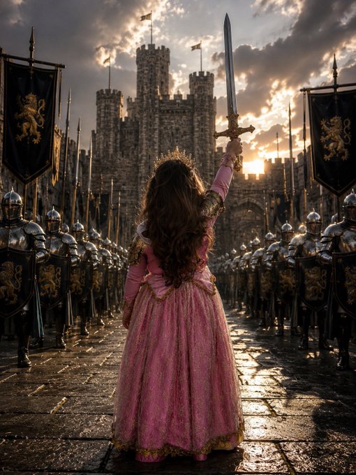 A fantasy digital artwork showing a woman in a flowing pink dress with her back turned, raising a sword toward a medieval castle as rows of armored knights stand at attention on either side.