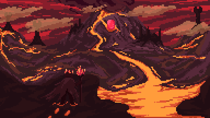 A pixel art landscape depicts a fiery volcanic terrain with flowing lava, a smoking volcano with a skull silhouette, and dark castles in the distance.