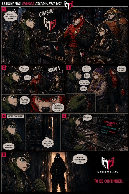 A comic page titled 'RATELMAFIAS EPISODE 2: FIRST DAY. FIRST BODY.' featuring anthropomorphic animal characters including a panda and a wolf, depicting a crime scene investigation narrative across six panels.
