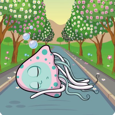 The image features a cartoon jellyfish with blue spots sleeping peacefully on a road surrounded by trees and flowers. The text in the image reads "hey @veefriends pls say hi to @severestriker and link em to all our things, whatnot, discord, ect". This post seems to be a lighthearted message or meme related to the jellyfish's peaceful slumber on the road.