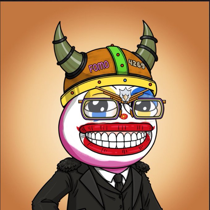 A cartoonish meme character with a wide grinning mouth, glasses, a viking helmet marked 'FOMO 4269,' and a formal black suit.