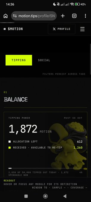 Mobile screenshot of motion.tips profile page showing a MOTION balance of 1,872 tipping power with 612 allocation left and 1,260 received.