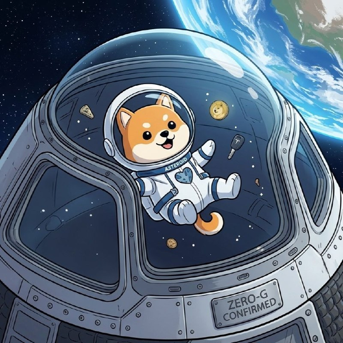 A cartoon Shiba Inu dog wearing an astronaut suit labeled "ASTEROID" floats weightlessly inside a spaceship cockpit, with Earth visible in the background. A patch on the spacecraft reads "ZERO-G CONFIRMED," playing on the meme's playful space-travel theme tied to the $ASTEROID token.