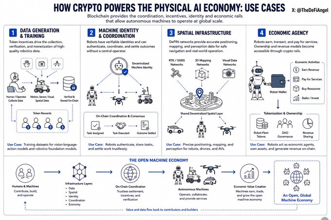 An infographic titled "HOW CRYPTO POWERS THE PHYSICAL AI ECONOMY: USE CASES" outlines four main use cases—Data Generation & Training, Machine Identity & Coordination, Spatial Infrastructure, and Economic Agency—showing how blockchain enables autonomous machines to operate globally.