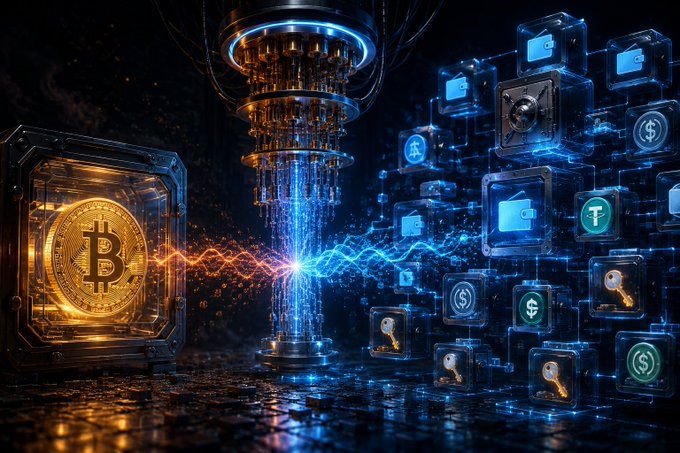 A futuristic digital artwork showing a golden Bitcoin emblem connected by glowing waveforms to a network of blue transparent cubes displaying various cryptocurrency and wallet icons.