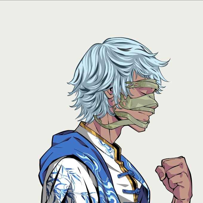 The image features a cartoon character with blue hair, dressed in a white and blue outfit that includes a hooded jacket and a blue and gold design on their shirt. The character appears to be wearing a mask or blindfold, which adds an element of mystery to their appearance. They are standing against a plain white background, giving the impression that they are in a studio setting. The caption at the bottom of the image reads: "Thank you @shaolinsaga! I have a huge love for the Azuki art and for an artist to create it on Sol has me excited!".