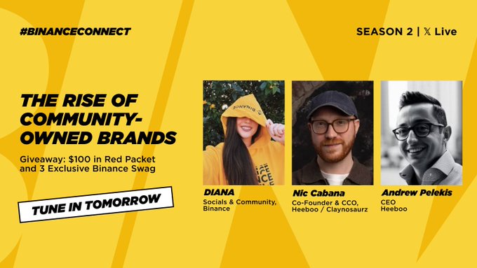 A promotional graphic for Binance Connect Season 2 X Live featuring "The Rise of Community-Owned Brands" episode, showcasing guests Diana (Socials & Community, Binance), Nic Cabana (Co-Founder & CCO, Heeboo/Claynosaurz), and Andrew Pelekis (CEO, Heeboo), with a giveaway of $100 in Red Packet and 3 exclusive Binance swag items.