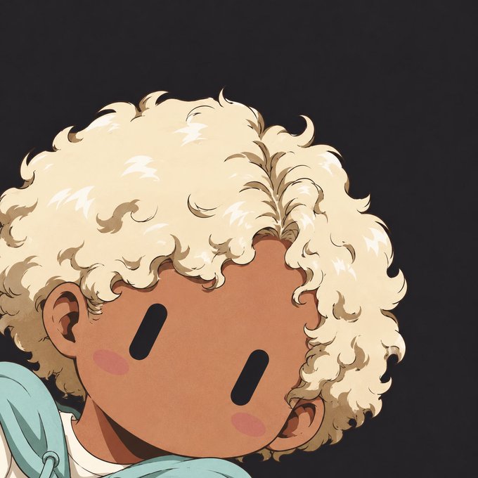 A digital illustration depicts a character with curly blonde hair, dark skin, simple dot eyes, and pink cheeks, wearing a teal hoodie against a dark background.