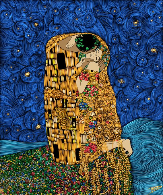 A detailed reproduction of Gustav Klimt's 'The Kiss' painting, depicting an embracing couple adorned in golden robes with floral patterns against a swirling blue background.