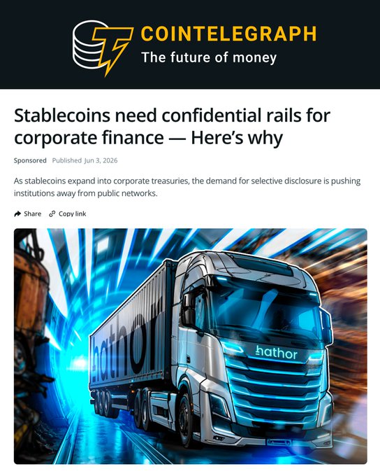 The image features a large blue truck driving down an industrial highway, surrounded by tracks. The text of the poster includes information about stablecoins and their role as the future of money, along with descriptions of both public and private chains that are used for corporate finance transactions. One interesting point is that the transfer of assets on these platforms can be restricted to either party through certain protocols at the protocol level. This highlights how the use of stablecoins can potentially create transparency in financial transactions while also offering security against loss or theft.