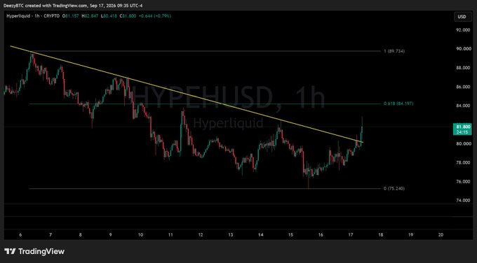 A TradingView chart showing 'HYPEUSD, 1h' (Hyperliquid) cryptocurrency price action with a descending trendline and Fibonacci retracement levels.